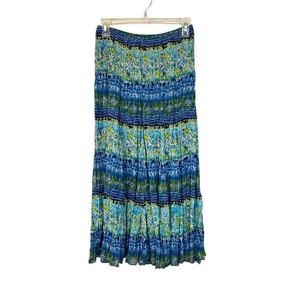 Rafael Essential Blue Green Watercolor Crinkle Broom Stick Skirt Bohemian Vibe